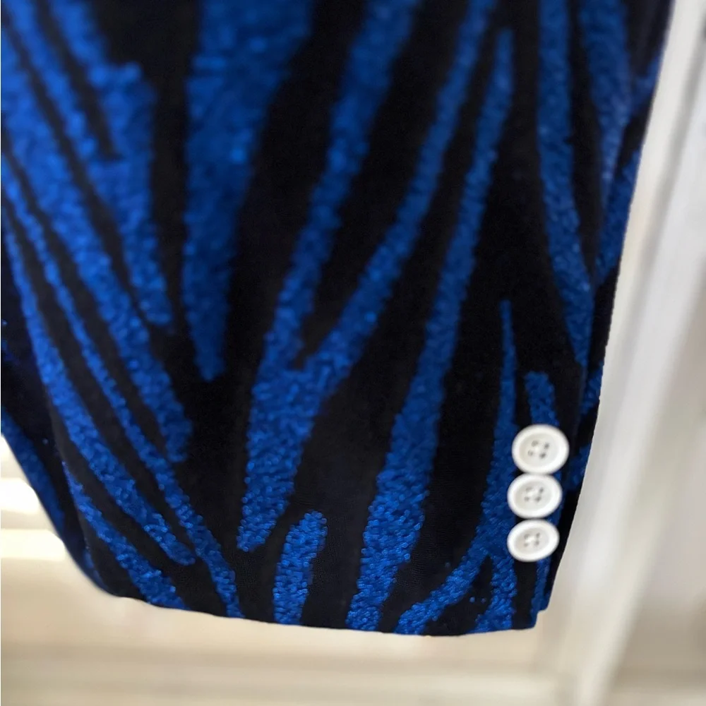 Doohoob elegant Blue and Black Blazer with White Accents glitter glitz statement